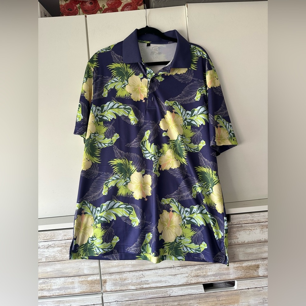 🌺 Monterey Club Hawaiian Golf Polo Shirt Large Tropical Stretch